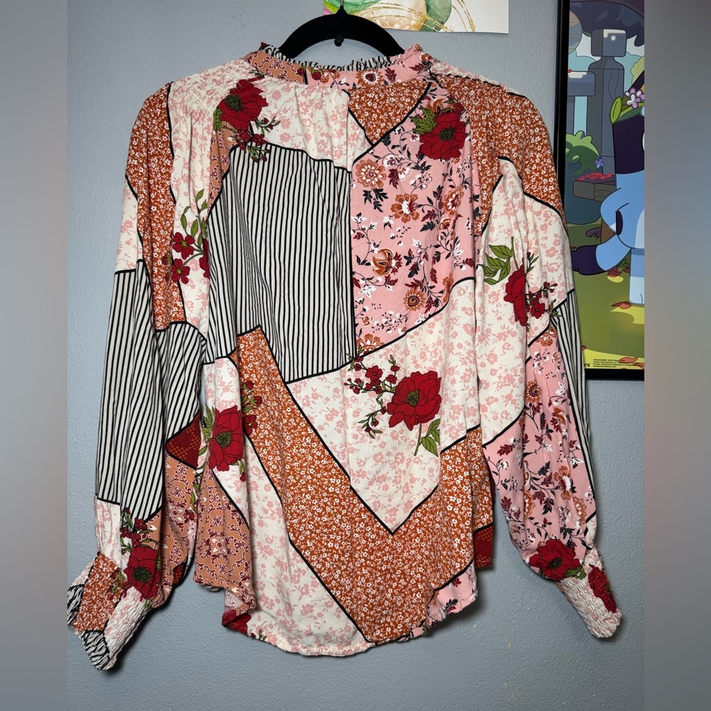 Fate Patchwork Boho Mixed Print Blouse Bubble Sle… - image 2